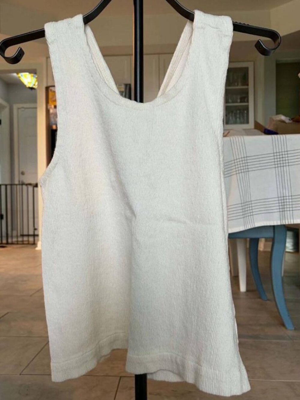 Madewell Cream Textured Seersucker Apron Cross-Back Tank Top L G3718